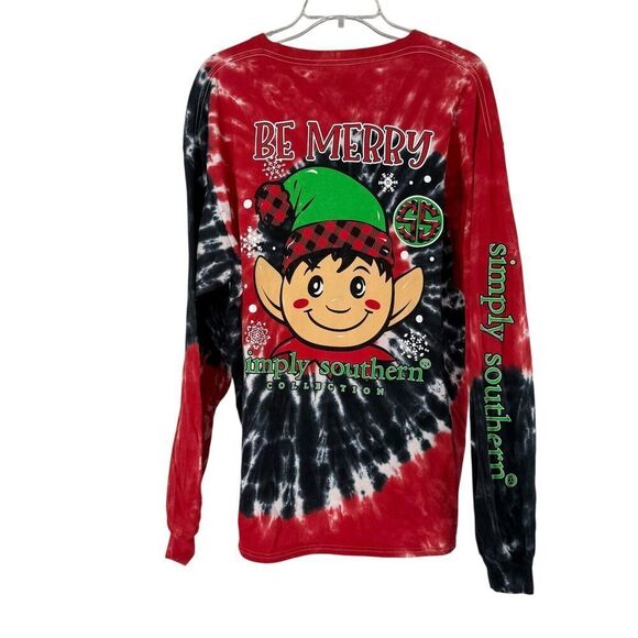 Simply Southern Christmas T-Shirt Long Sleeve Tie Dye Womens XL Elf Red Preppy - Picture 1 of 6